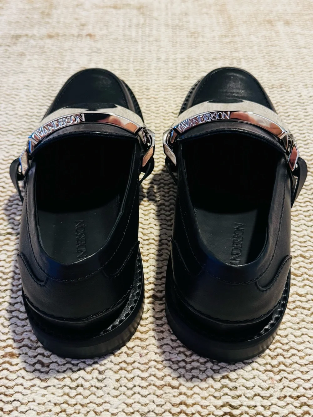 JW ANDERSON Black Leather Loafers with Silver Plate